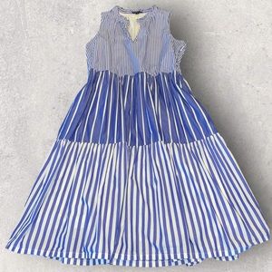 J. Crew Blue/White Peasant Midi Tiered Sleeveless Dress Size Medium Re-Imagined